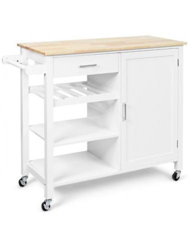 Køkkenø på hjul i MDF og fyrretræ H90 x B100 + 11,5 x D48 cm - Hvid/Natur