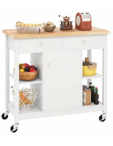 Køkkenø på hjul i MDF og fyrretræ H90 x B99 x D46 cm - Hvid/Natur