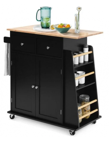 Køkkenø på hjul i MDF og gummitræ H89,5 x B80 - 88 x D45 cm - Sort/Natur
