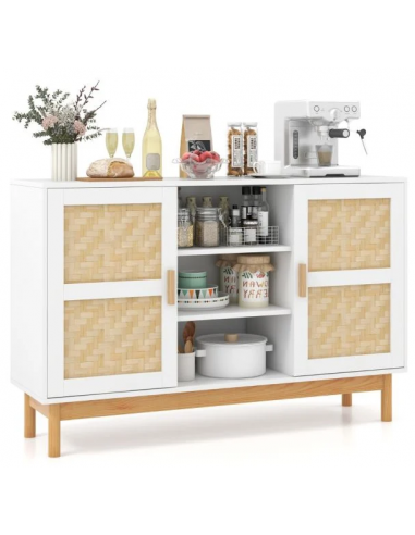 Køkken skænk i MDF, rattan og bambus H78 x B120 x D35 cm - Hvid/Natur