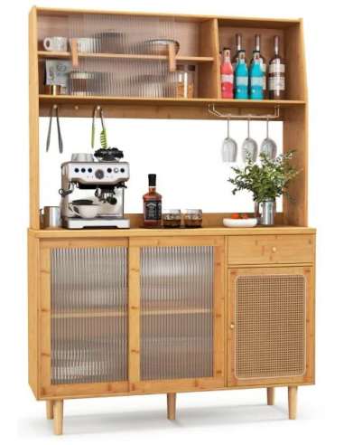 Køkken skab i bambus, glas og rattan H175 x B120 x D35 cm - Natur/Rillet