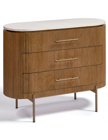 Kommode i metal, marmor og egetræ B110 cm - Antik messing/Brun/Hvid marmor