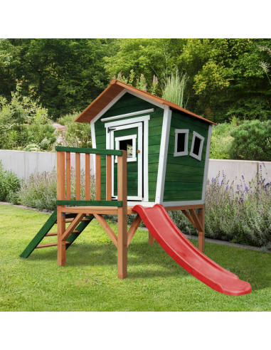 Legehus med rutsjebane i fyrretræ og kunststof H193 x B242 x D171 cm - Grøn