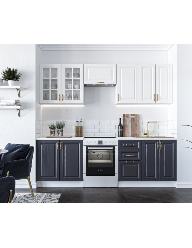VIKTORIA Komplet køkken uden hvidevarer i møbelplade B240 cm - Hvid/Mørkeblå
