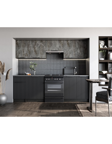 TAMARA Komplet køkken uden hvidevarer i møbelplade B240 cm - Sort/Grå/Grå marmor