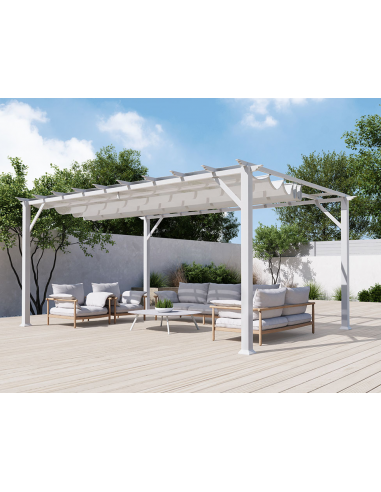 FLORENZ Pavillon i aluminium og polyester H236 x B505 x D350 cm - Hvid trælook/Gråhvid