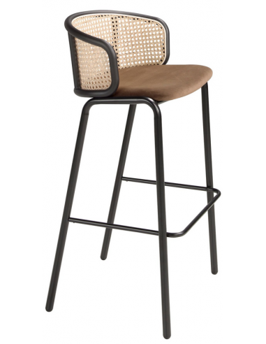 Barstol med ryglæn i stål, velour og rattan H95 cm - Sort/Brun/Natur