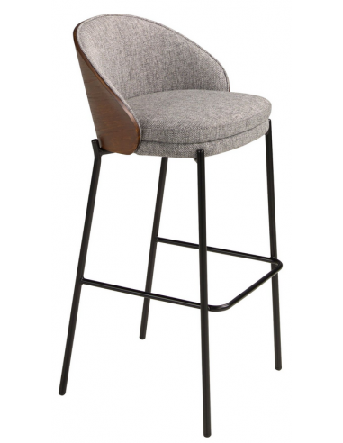 Barstol med ryglæn i stål, valnøddefinér og polyster H98 cm - Sort/Valnød/Grå