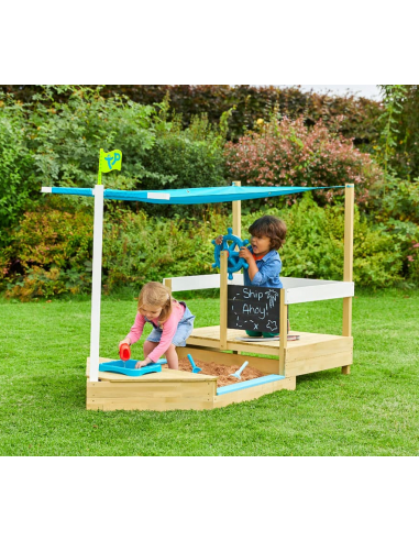 Sandkasse med sejl i fyrretræ og tekstil H118 x B180 x D92 cm - Natur/Blå