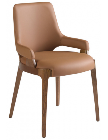 Spisebordsstol med armlæn i valnøddetræsfinér og vegansk læder H79 cm - Valnød/Brun