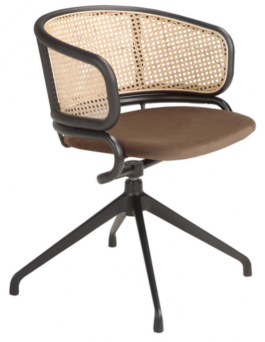 Spisebordsstol med drejefod og armlæn i stål, velour og rattan H74 cm - Sort/Brun/Natur