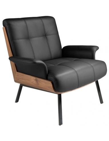 Lænestol i stål, valnøddefinér og vegansk læder H82 cm - Sort/Valnød