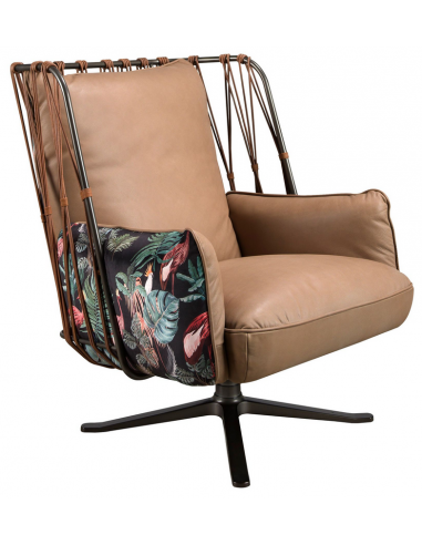 Lænestol med drejefod i stål, polyester og ægte læder H102 cm - Mat sort/Blomstret/Brun