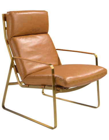 Lænestol i stål og ægte læder H101 cm - Gylden metallic/Kamelbrun