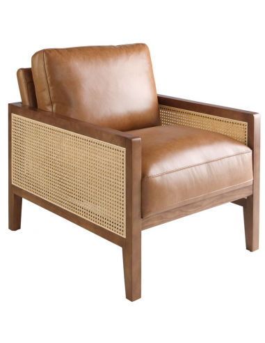 Lænestol i valnøddefinér, rattan og ægte læder H85 cm - Valnød/Natur/Brun