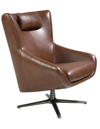 Lænestol med drejefod og armlæn i stål og ægte læder H100 cm - Mørk rustfri stål/Cognac brun