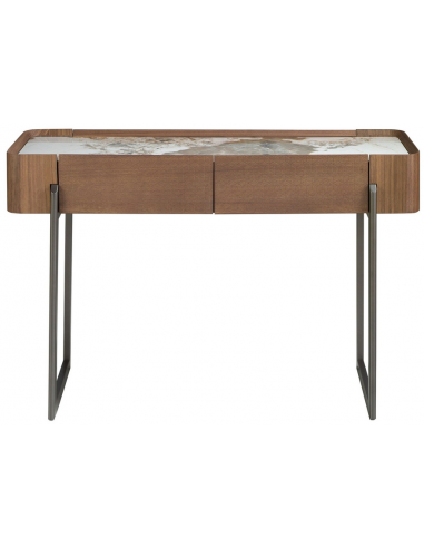 Konsolbord i stål, porcelæn og valnøddefinér H76 x B120 x D40 cm - Grå/Valnød/Marmor