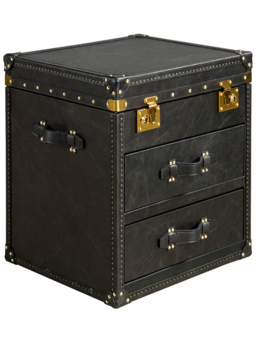 Sofabord kuffert i stål og ægte læder H62 x B55 x D50 cm - Vintage sort/Gylden