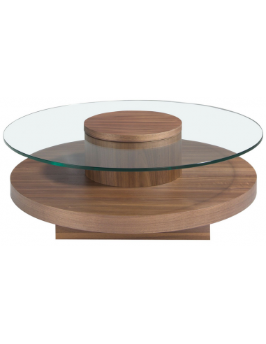 Rundt sofabord i valnøddefinér og glas H35 x Ø100 cm - Valnød/Klar