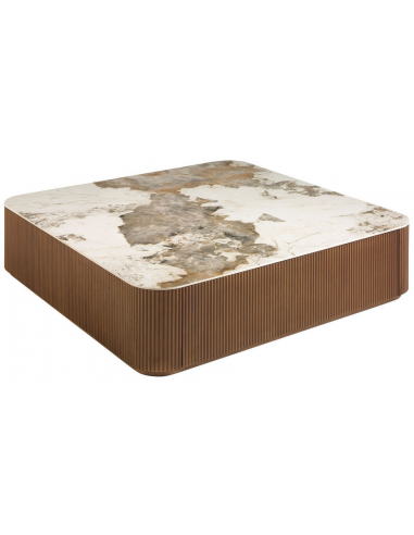 Sofabord m/skuffe i valnøddefinér og porcelæn H28 x B120 x D120 cm - Valnød/Hvid marmor