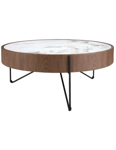 Rundt sofabord i stål, valnøddefinér og porcelæn H33 x Ø81 cm - Sort/Valnød/Hvid marmor