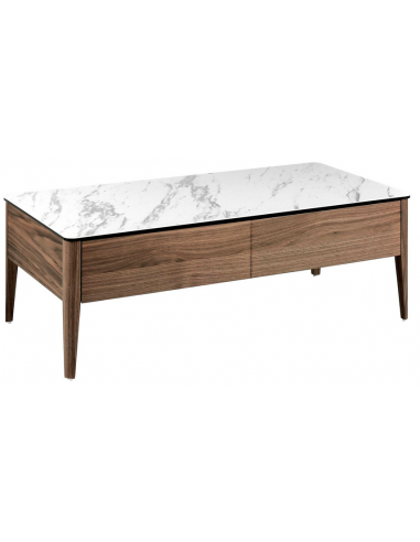 Sofabord m/skuffer i valnøddefinér og porcelæn H40 x B120 x D60 cm - Valnød/Hvid marmor