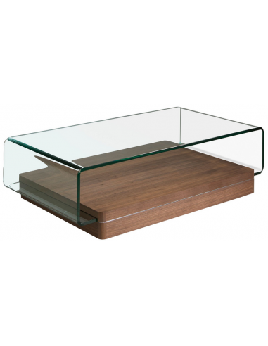 Sofabord i valnøddefinér og glas H33 x B120 x D70 cm - Valnød/Klar