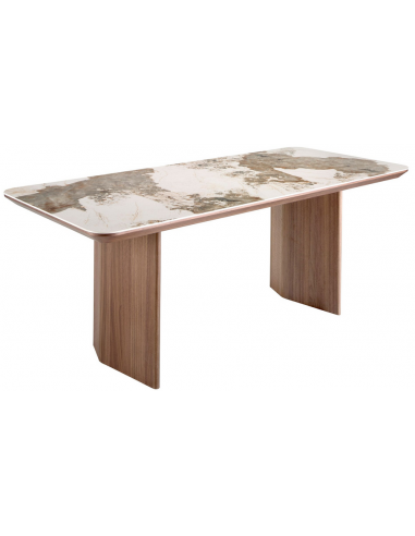 Spisebord i valnøddefinér og porcelæn 200 x 90 cm - Valnød/Hvid marmor