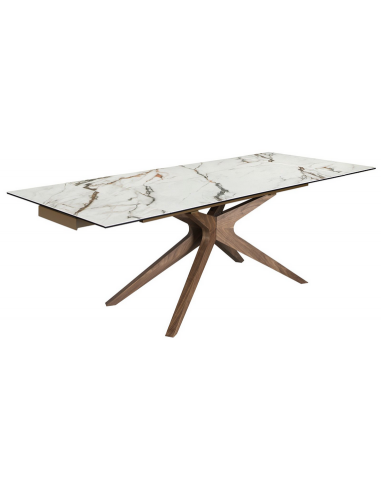Spisebord med udtræk i valnøddefinér og porcelæn 160 - 240 x 100 cm - Valnød/Hvid marmor