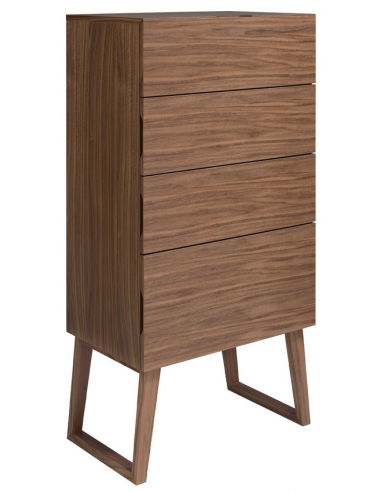 Kommode med 4 skuffer i valnøddefinér H120 x B59 x D45 cm - Valnød