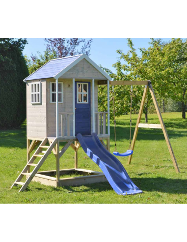 Legehus med rutsjebane i fyrretræ H242 x B350 x D290 cm - Natur/Blå/Hvid