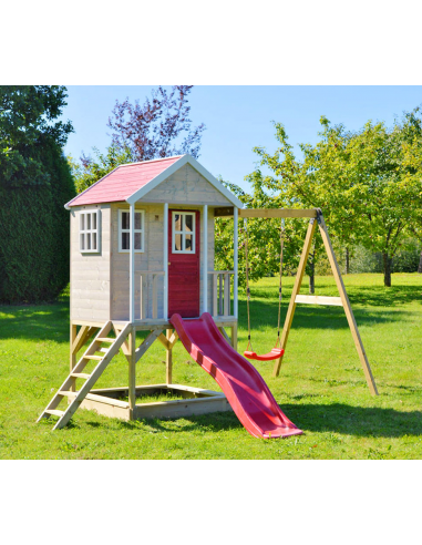 Legehus med rutsjebane i fyrretræ H242 x B350 x D290 cm - Natur/Rød/Hvid