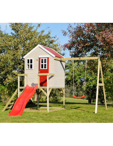 Legehus med rutsjebane i fyrretræ H242 x B350 x D330 cm - Natur/Rød/Hvid