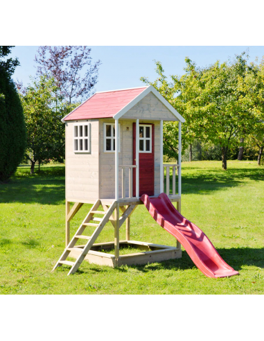 Legehus med rutsjebane i fyrretræ H242 x B197 x D280 cm - Natur/Rød/Hvid