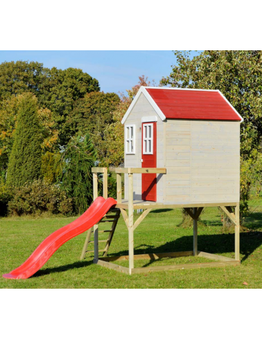 Legehus med rutsjebane i fyrretræ H242 x B197 x D310 cm - Natur/Rød/Hvid