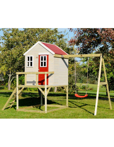 Legehus med gyngestativ i fyrretræ H242 x B350 x D192 cm - Natur/Rød/Hvid