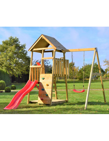 Legetårn med rutsjebane og gynge i fyrretræ H270 x B270 x D290 cm - Natur/Rød