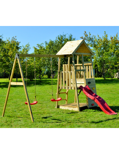 Legetårn med rutsjebane og gynge i fyrretræ H270 x B340 x D290 cm - Natur/Rød