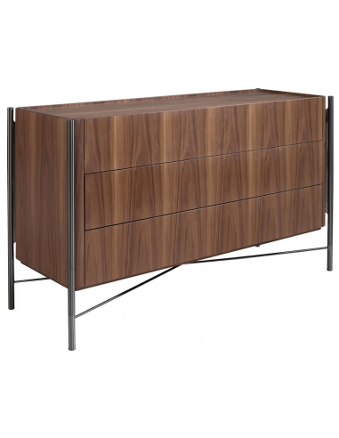 Kommode med 3 skuffer i valnøddefinér og stål H82 x B140 x D52 cm - Sort metallic/Valnød