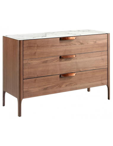 Kommode med 3 skuffer i valnøddefinér og glas H80 x B120 x D45 cm - Valnød/Hvid marmor