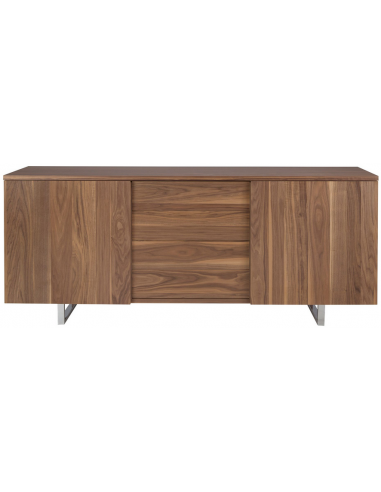 Skænk med 2 skabe og 4 skuffer i stål og valnøddefinér H90 x B210 x D42 cm - Krom/Valnød