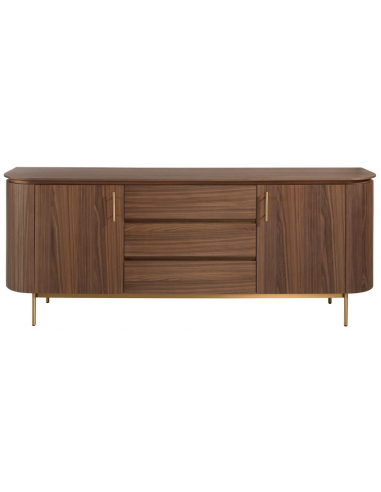 Skænk med 2 skabe og 3 skuffer i stål og valnøddefinér H80 x B210 x D45 cm - Gylden/Valnød