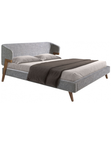 Sengeramme 180 x 200 cm i valnøddefinér og polyester H35 - 95 x B211 x D220 cm - Valnød/Grå