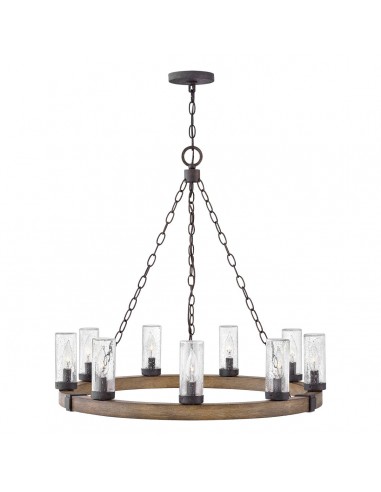 SAWYER Udendørs lysekrone i stål og glas Ø76,2 cm 9 x E14 - Sequoia træ/Frostet