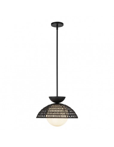 PERTH Loftlampe i stål, opalglas og rattan Ø37,5 cm 1 x E27 - Mat sort/Opalhvid/Sort