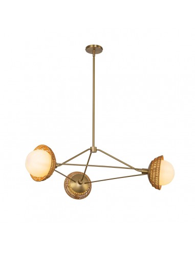 PERTH Lysekrone i stål, rattan og opalglas Ø101,4 cm 3 x E14 - Børstet guld/Opalhvid/Natur