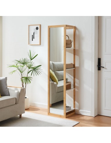 Garderobereol med spejl i bambus og MDF H170 x B40 x D35 cm - Natur/Hvid