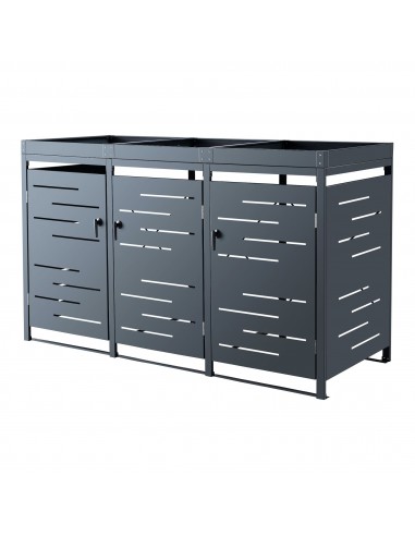 Skraldespandsskjuler til 3 spande i rustfri stål H122 x B196 x D80 cm - Antracit