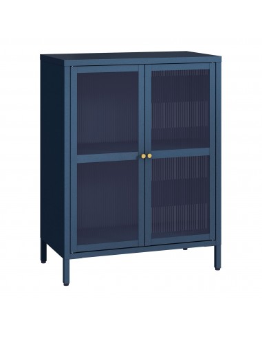 Saky sideboard i stål og glas 84 x 64 x 35 cm - Mat navyblå/Rillet glas