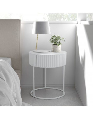Rundt sidebord med skuffe i metal og MDF H46 x Ø40 cm - Hvid